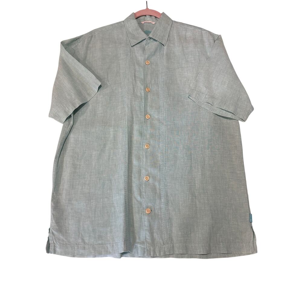 Tommy Bahama Sz M Blue 100% Linen Shirt Tropical Resort Short Sleeve Button Up